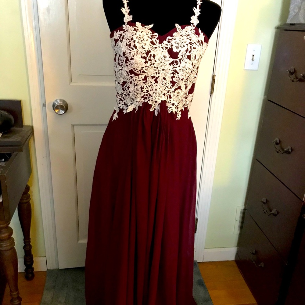 Burgundy and white lace gown